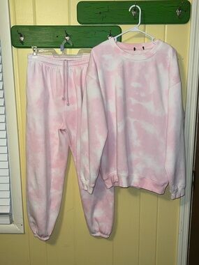 Pretty Little Thing Custom Pink & White Tie Dye Sweatshirt Jogger Set Size M